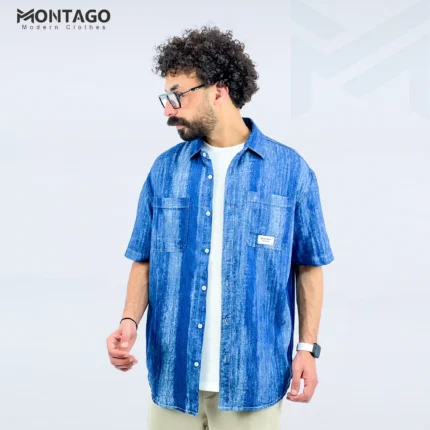 قميص جينز رجالي كحلي مشبح بخامة متينة وعصرية - Montago